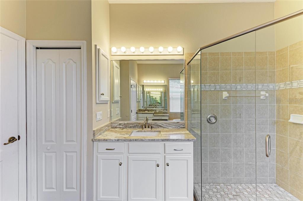 8772 Stone Harbour Loop Bradenton, FL 34212 - Photo 29 of 69 a bathroom with a granite countertop sink a mirror and a shower