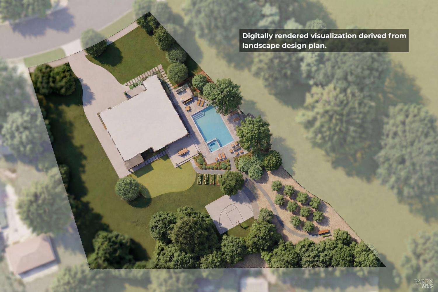 3684 Crown Hill Drive Santa Rosa, CA 95404 - Photo 5 of 50 Proposed outdoor living space design including pool with integrated spa, outdoor kitchen space, fire pit, pathways, raised garden beds.