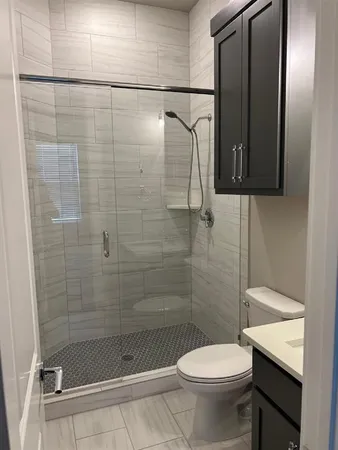 a bathroom with a shower and a toilet
