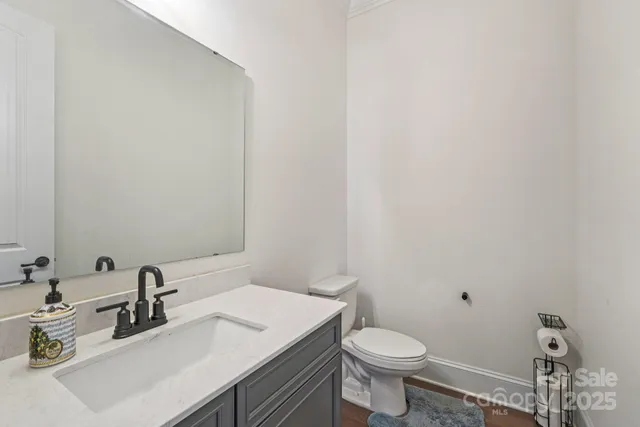 a bathroom with a sink mirror and toilet