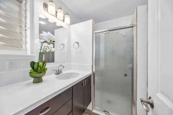 a bathroom with a sink mirror and a shower