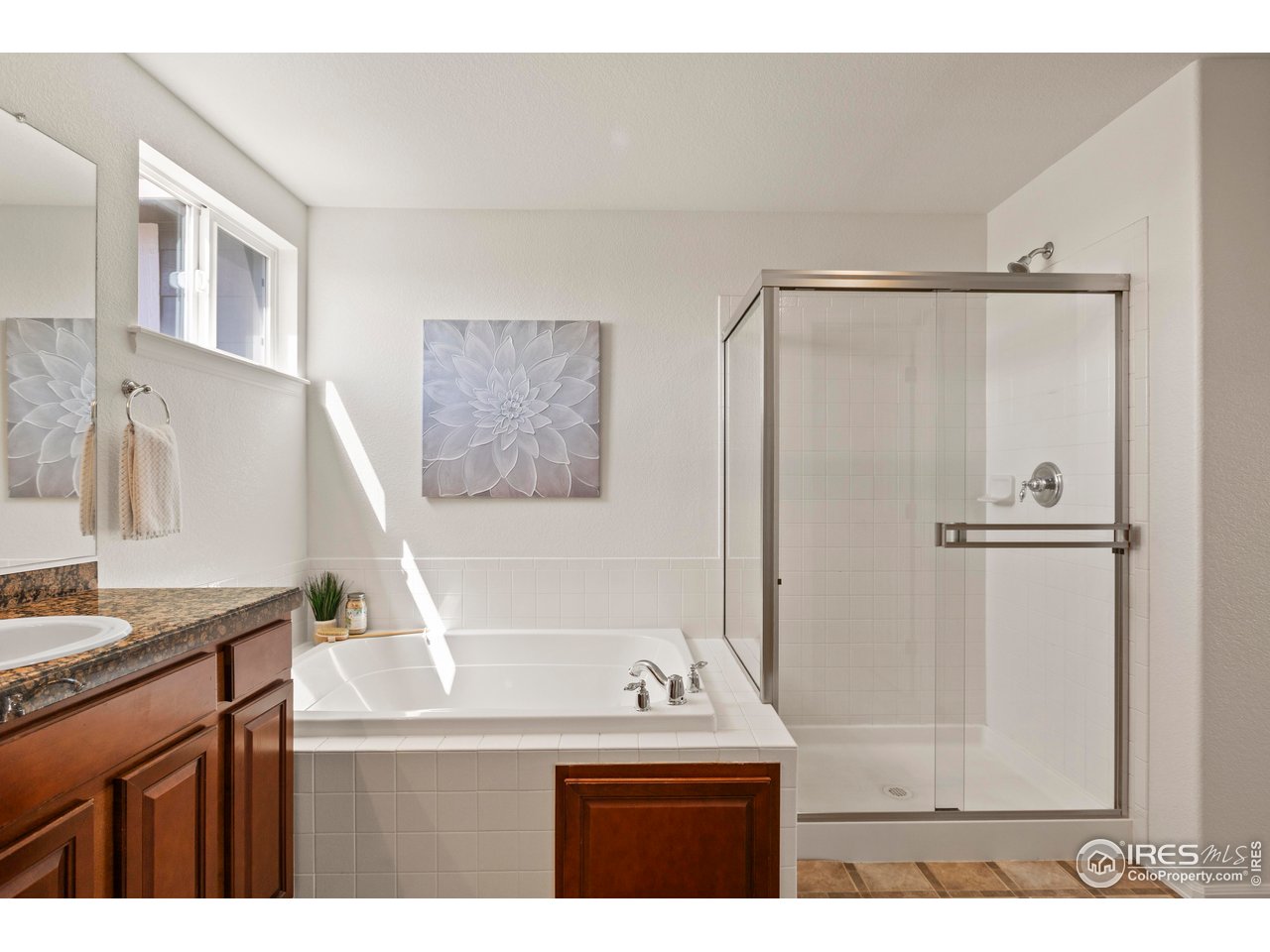 6117 Gold Dust Road Timnath, CO 80547 - Photo 21 of 43 a bathroom with a sink a mirror and a shower