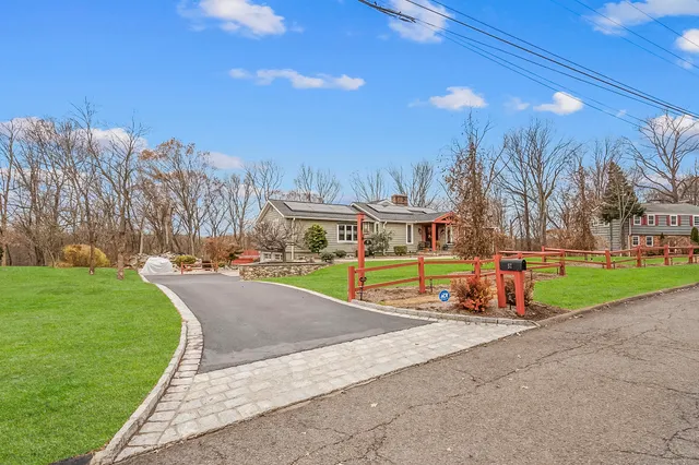 a view of a park with large trees