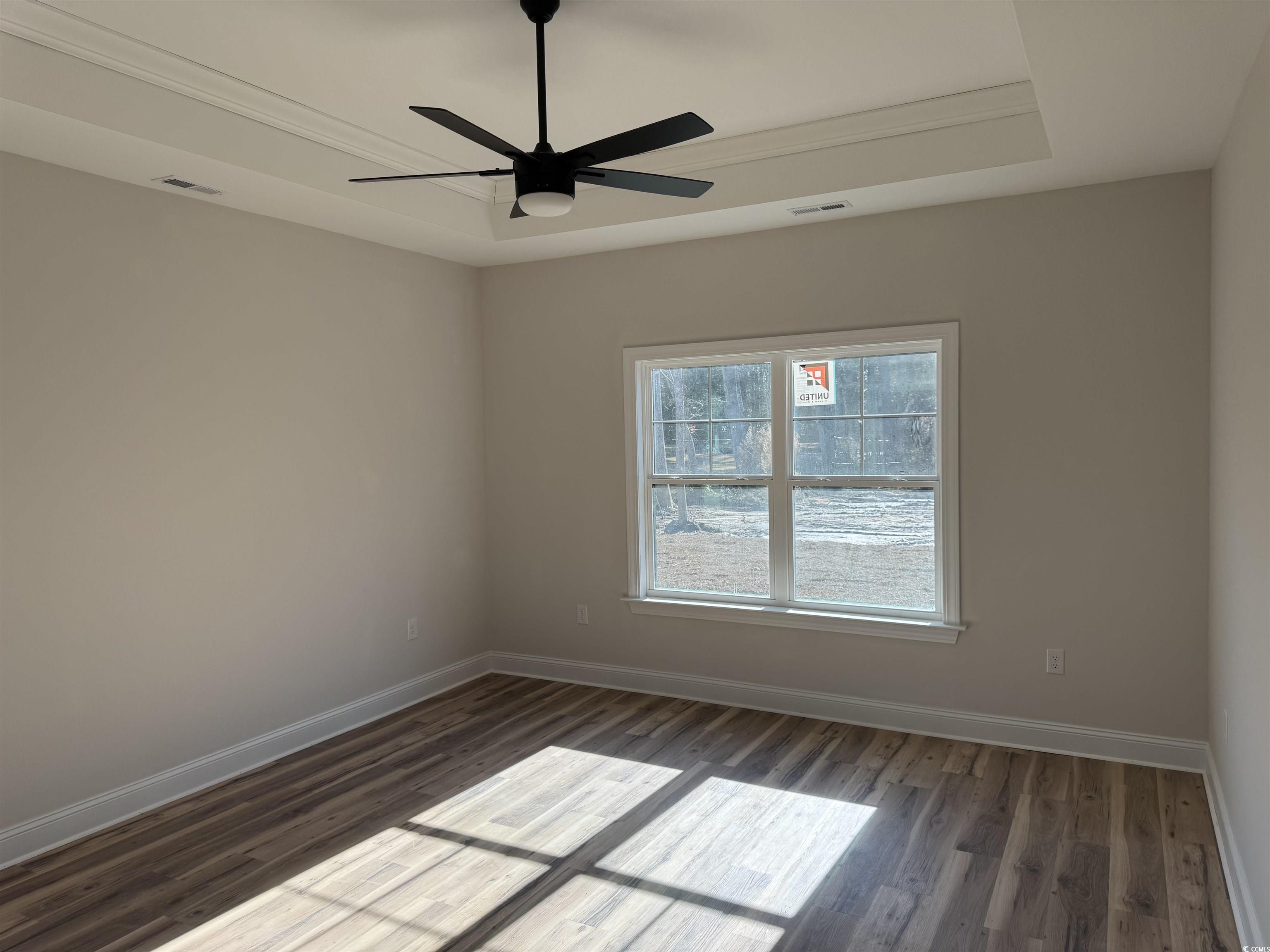 1351 White Oak Lane Galivants Ferry, SC 29544 - Photo 8 of 12 Spare room with a tray ceiling, dark wood-style flooring, and ceiling fan