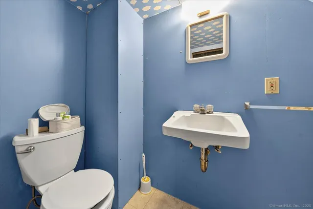 a bathroom with a toilet a sink and mirror