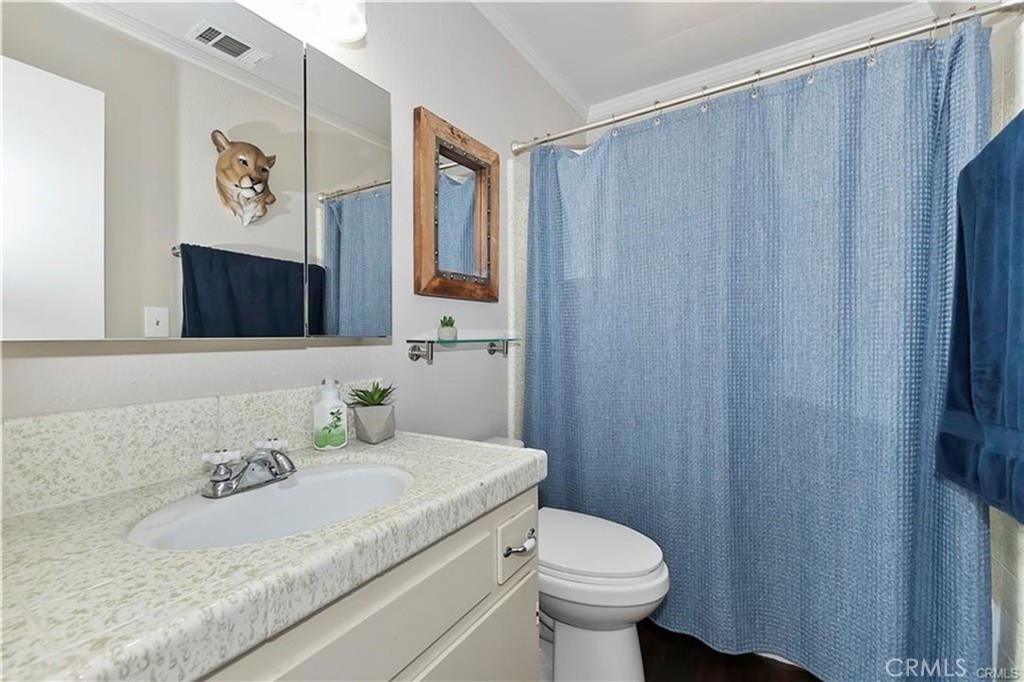 28393 Larchmont Lane Lake Arrowhead, CA 92352 - Photo 11 of 25 a bathroom with a granite countertop sink and a mirror