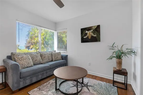 a living room with furniture and a potted plant