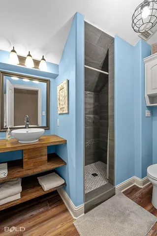 a bathroom with a sink a mirror and a shower