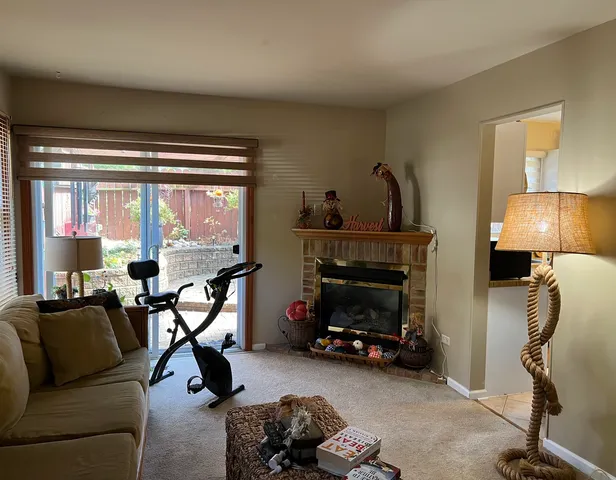 a view of a livingroom with furniture and a fireplace