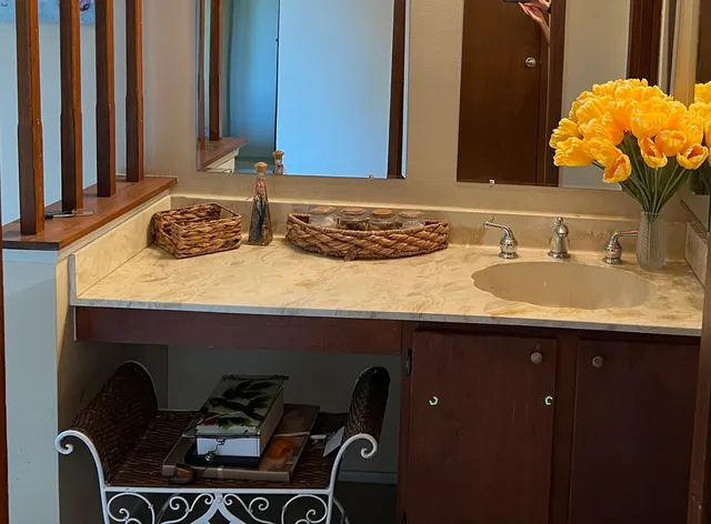 a bathroom with a sink and a mirror