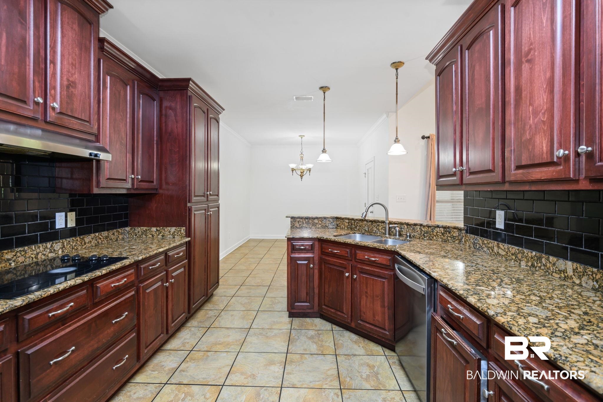 9730 Harmony Ridge Circle West Semmes, AL 36575 - Photo 11 of 38 Kitchen with a sink, reddish brown cabinets, stainless steel dishwasher, under cabinet range hood, and backsplash