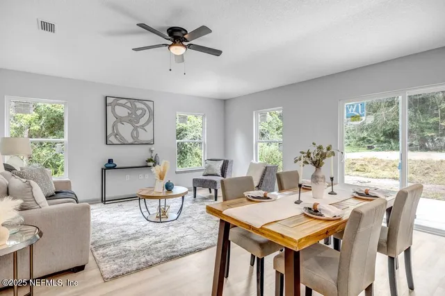 a living room with furniture a table and a large window
