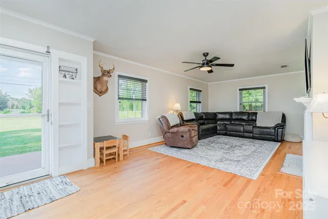 a living room with furniture ceiling fan and a rug
