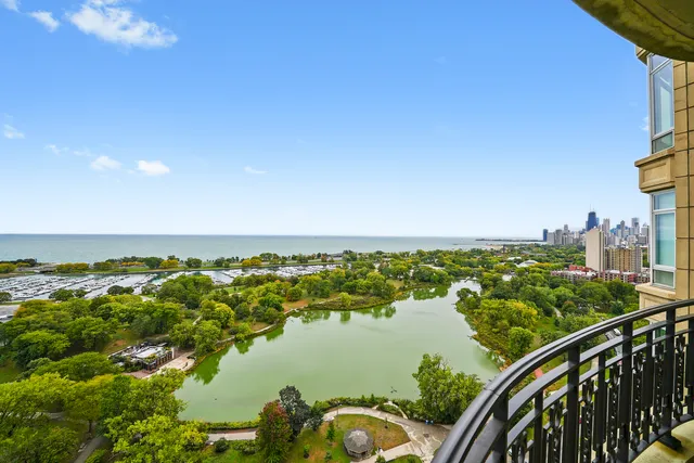 a view of a lake with a city