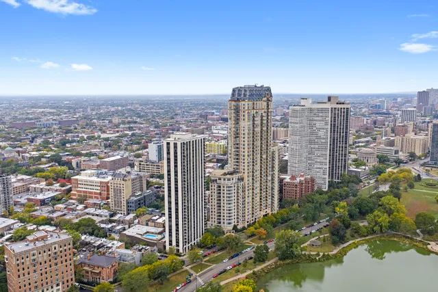 a view of a city with tall buildings in the background