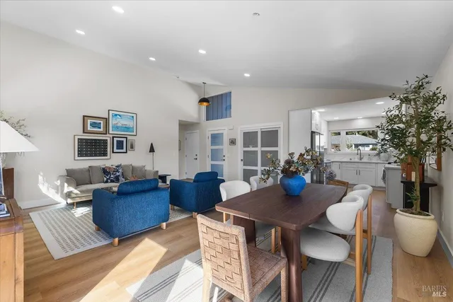 a living room with furniture a dining table and a potted plant