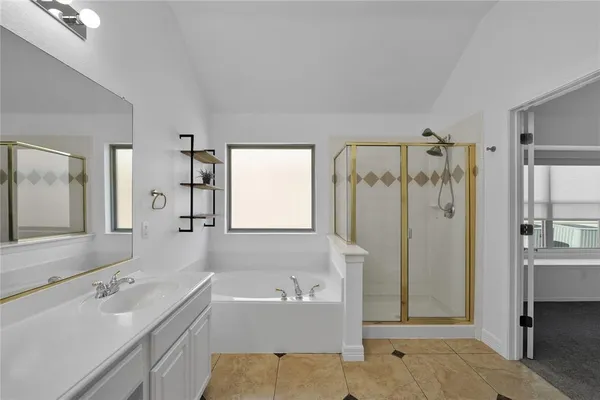 a bathroom with a tub sink shower and mirror