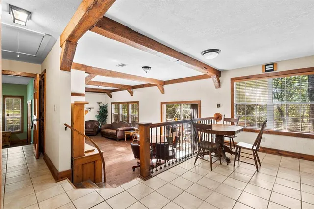 a view of a dining room with furniture window and outside view