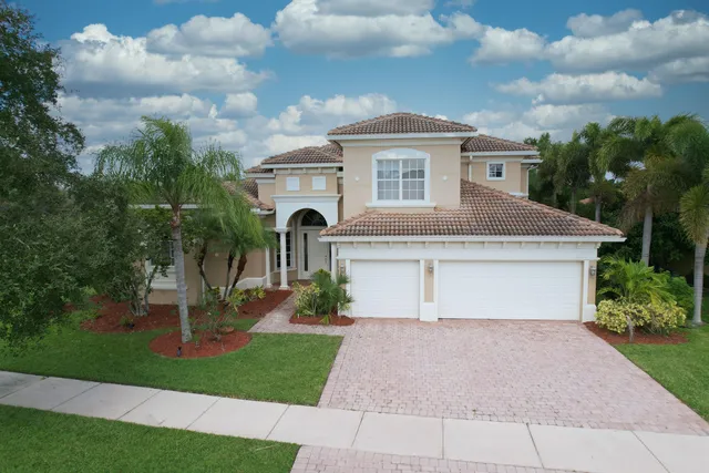 an aerial view of a house with a yard and potted plants