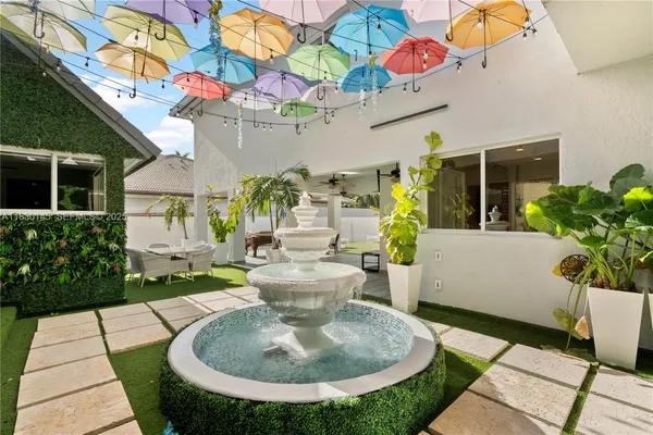 a view of a playground with yard and entertaining space
