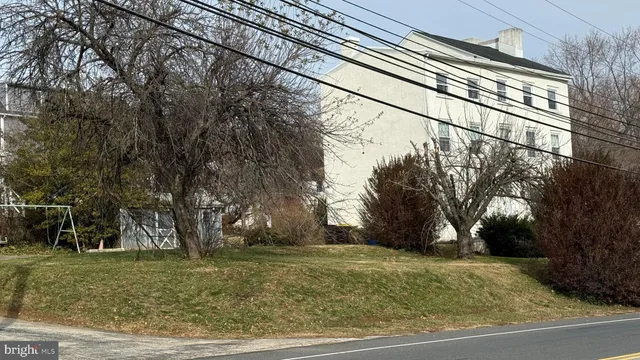a view of a yard with large trees