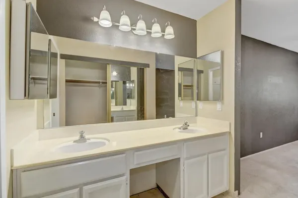 a bathroom with a sink double vanity and a mirror