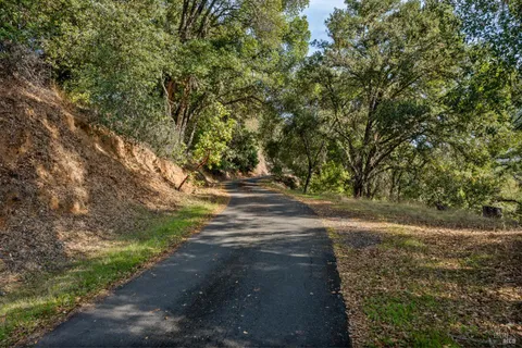 a view of dirt field with trees around