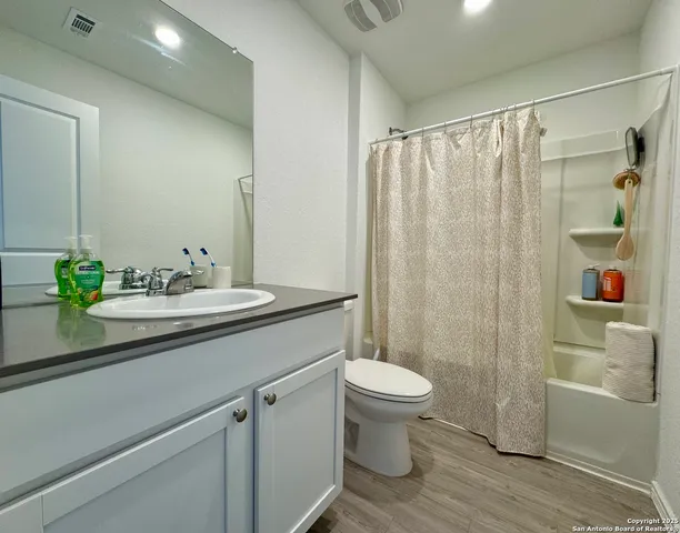 a bathroom with a sink a toilet and shower curtain