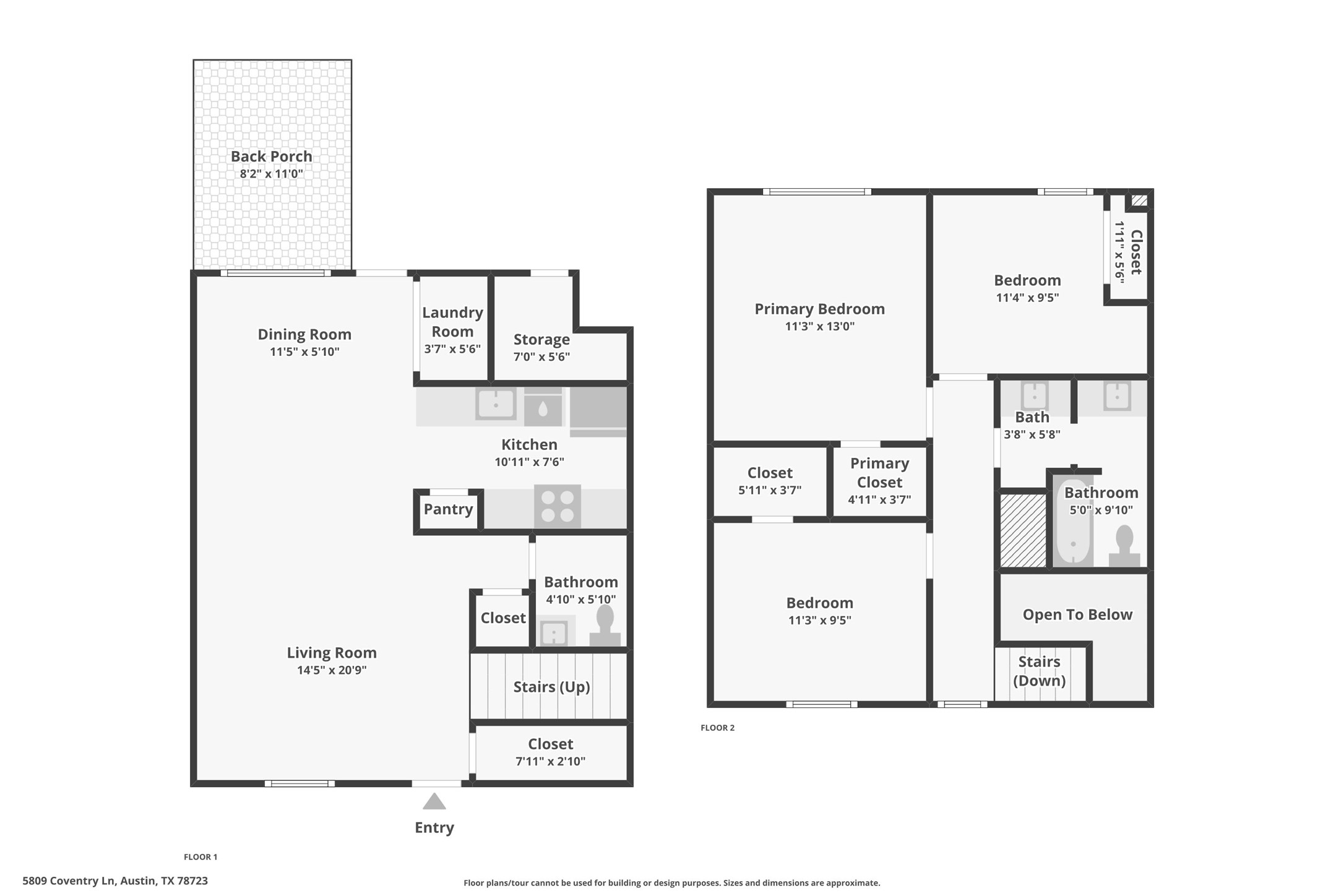 5809 Coventry Lane Austin, TX 78723 - Photo 35 of 35 A comprehensive floor plan illustrating the layout of two levels, detailing room dimensions and functional areas.