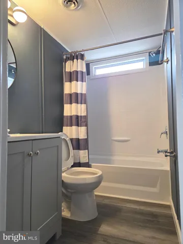 a bathroom with a shower and a toilet