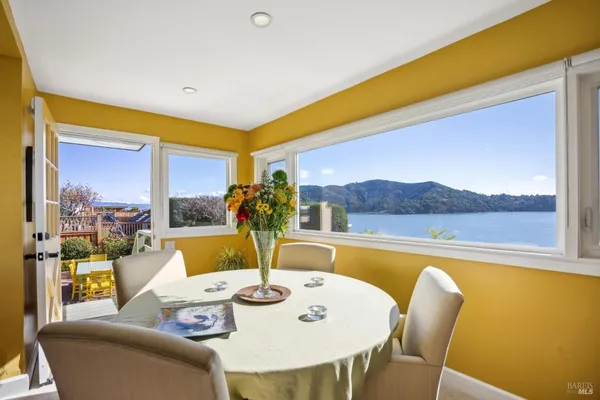 a view of a dining room with furniture window and garden