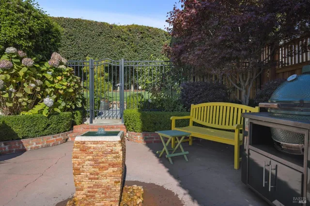 a view of a chairs and table in the backyard