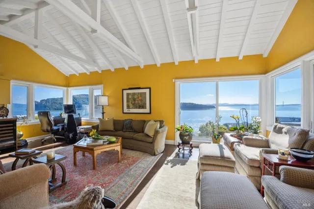 a living room with furniture a fireplace and lots of tables