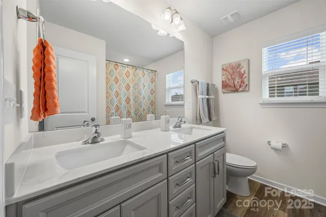 a bathroom with a sink a toilet and a large mirror