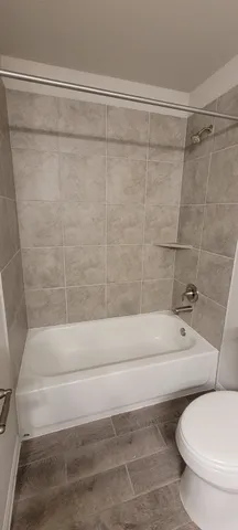 a bathroom with a shower and a toilet