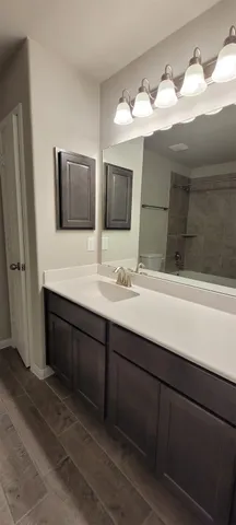 a bathroom with a double vanity sink and mirror