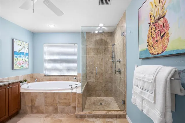 a bathroom with a bathtub and shower