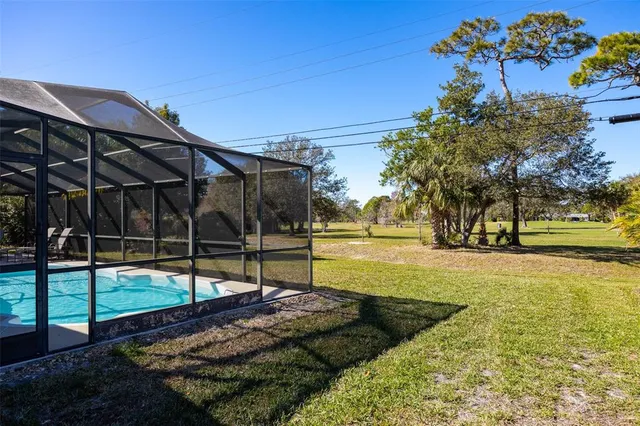 a view of a park with large trees