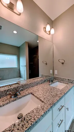 a bathroom with a sink and a large mirror