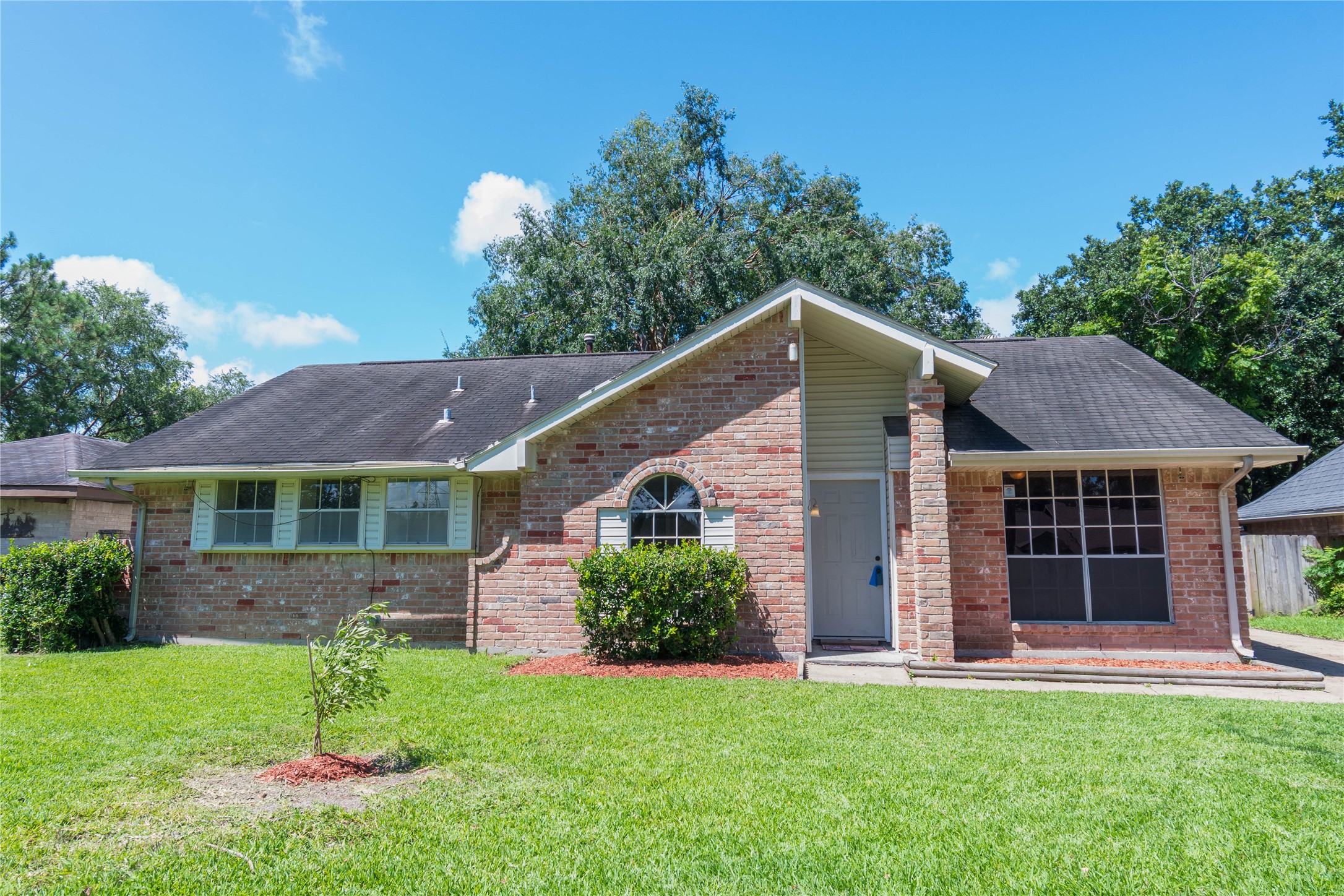 a view of a yard in front of a house with plants and large tree