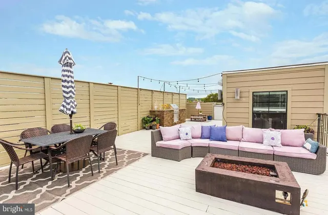 a building outdoor space with patio furniture