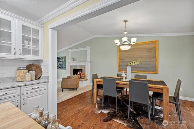 a view of a dining room with furniture