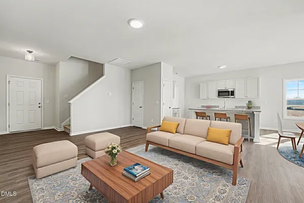 a living room with furniture and a rug