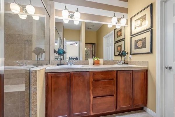 a bathroom with a shower and a sink