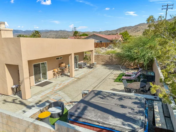 a building outdoor space with patio furniture