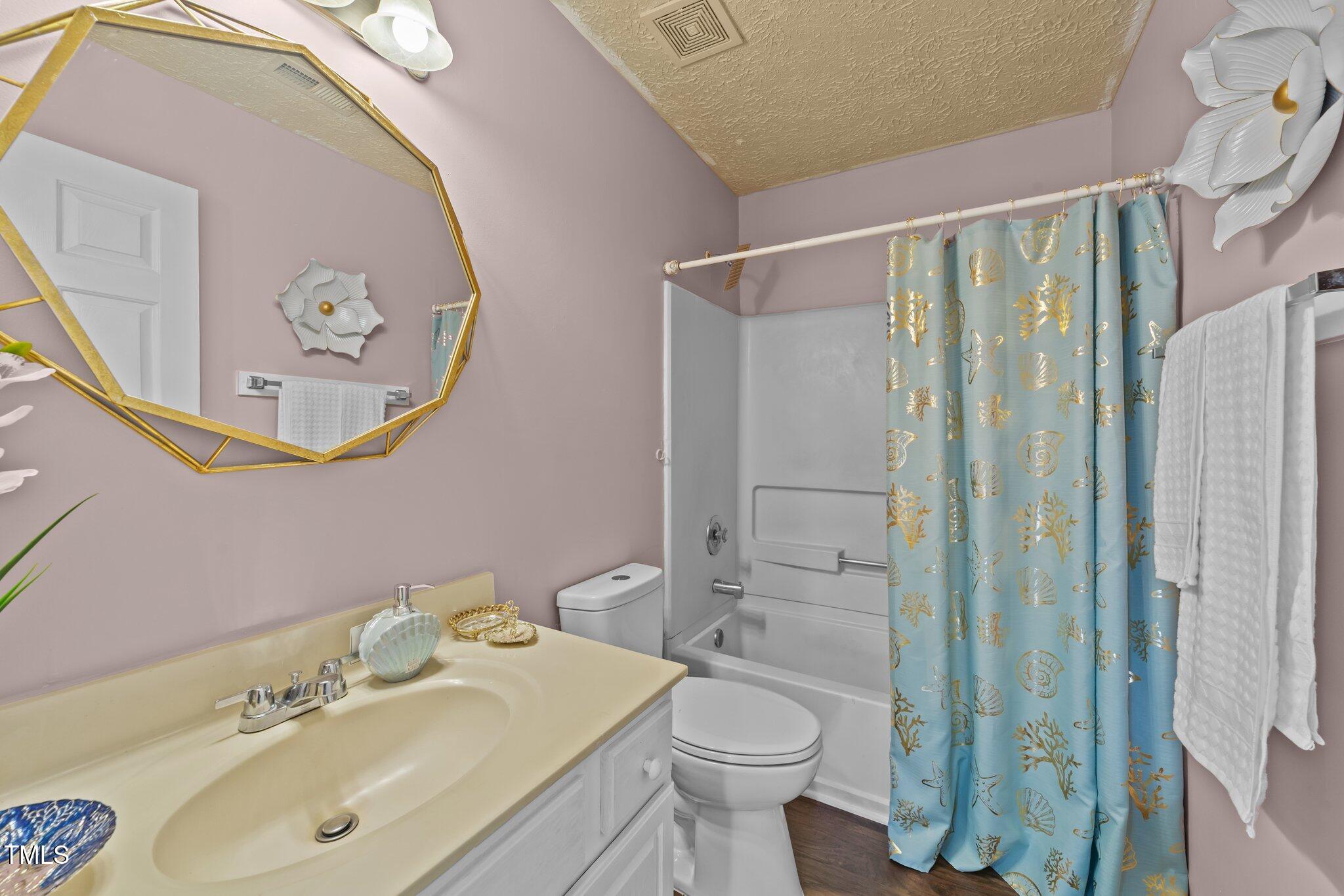 300 Pate Street Apex, NC 27502 - Photo 25 of 38 a bathroom with a sink a mirror a toilet and a shower