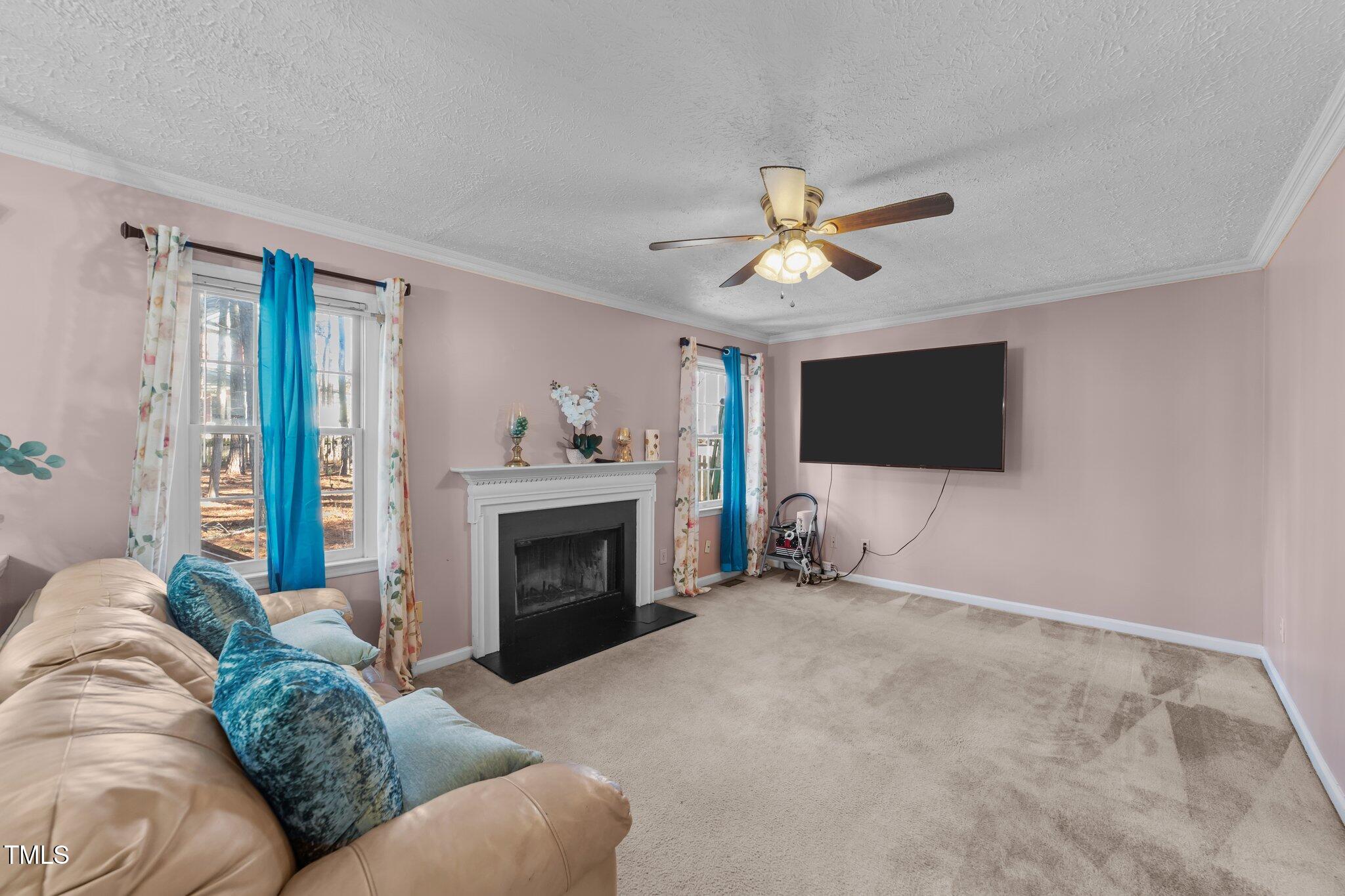 300 Pate Street Apex, NC 27502 - Photo 8 of 38 a living room with furniture a flat screen tv and a fireplace