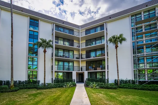 a view of a patio with table and chairs potted plants and palm tree