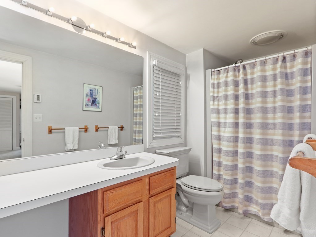 37 Richdale Road Needham, MA 02494 - Photo 19 of 23 a bathroom with a sink a toilet a mirror and shower curtain