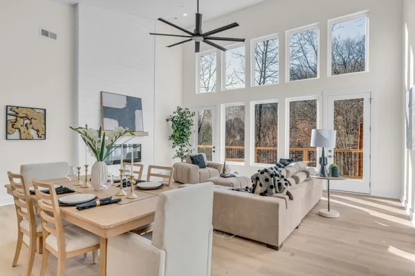 a living room with furniture and a potted plant